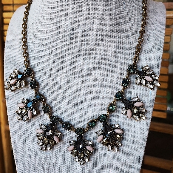 J. Crew Signed Oxidized Brass Art Deco Reproduction Jeweled Necklace - Picture 2 of 12